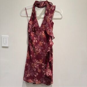 NWT- Sincerely Jules Floral Halter Neck Mini  Burgundy Winterberry Dress Small